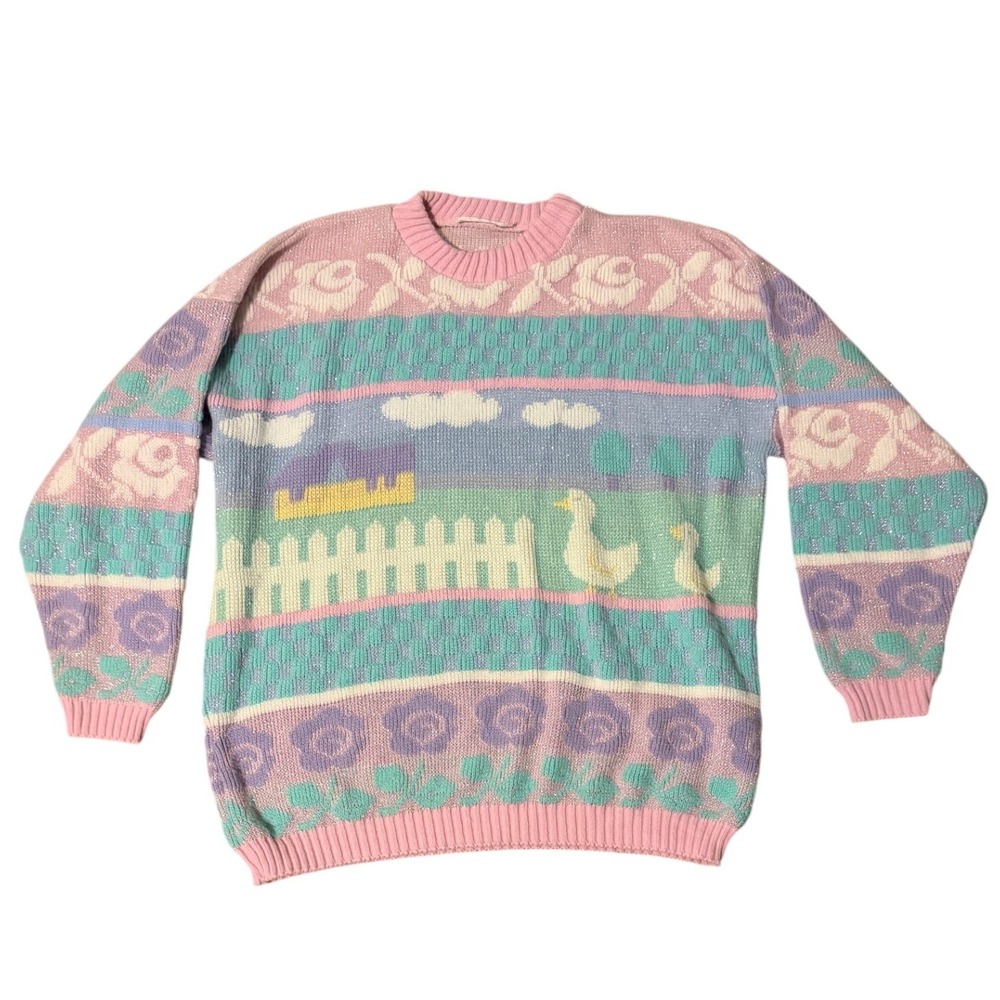 Vintage 80s rose brand fairy kei duck farm sparkle knit sweater goose animal